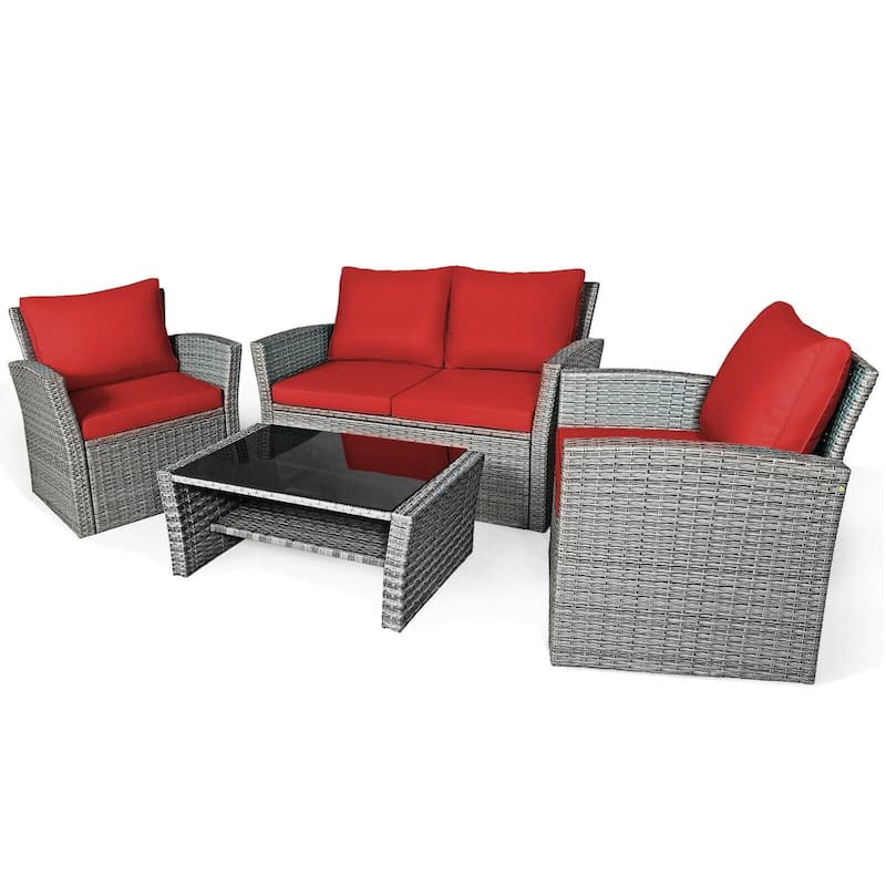 4 Pieces Patio Rattan Furniture Set Sofa Table with Storage Shelf Cushion - 48.5" x 26.5" x 30" (L x W x H)