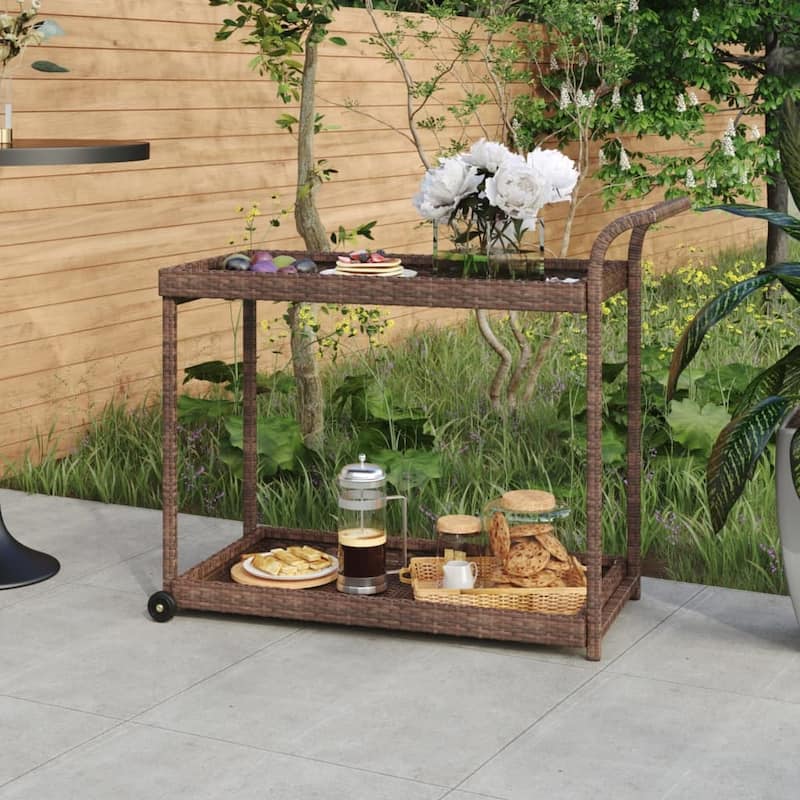 vidaXL Outdoor Bar Cart 2-Tier Serving Cart Rolling Utility Cart PE Rattan - 39.4" x 17.7" x 32.7"