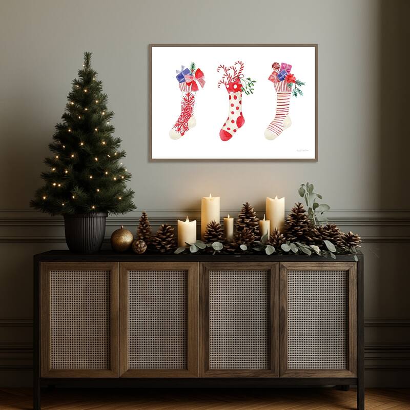 Decked Out Stockings by Mercedes Lopez Charro (33 x 23 in.), Framed Canvas Wall Art Print - Sylvie Dark Gold