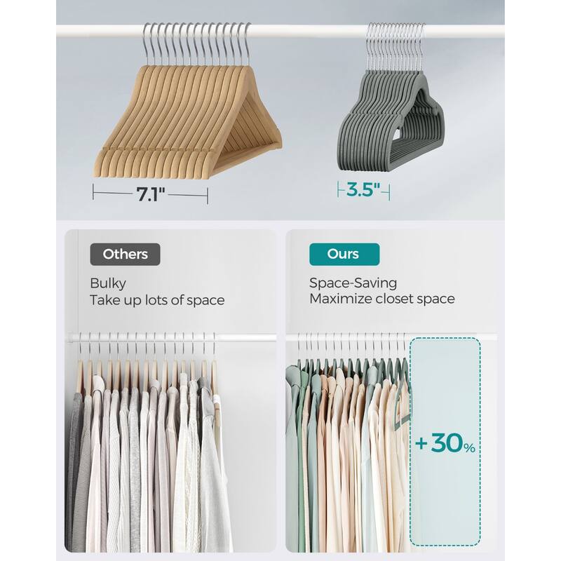 Space-Saving Velvet Anti-Slip Coat Hangers with Shoulder Notches and Swivel Hook