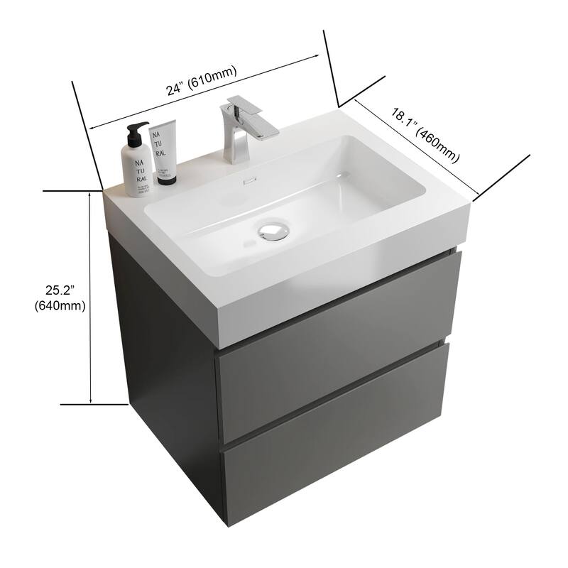 24"Bathroom Vanity with Sink,Storage Wall Mounted Floating Bathroom Vanity,One-Piece White Sink Basin without Drain and Faucet