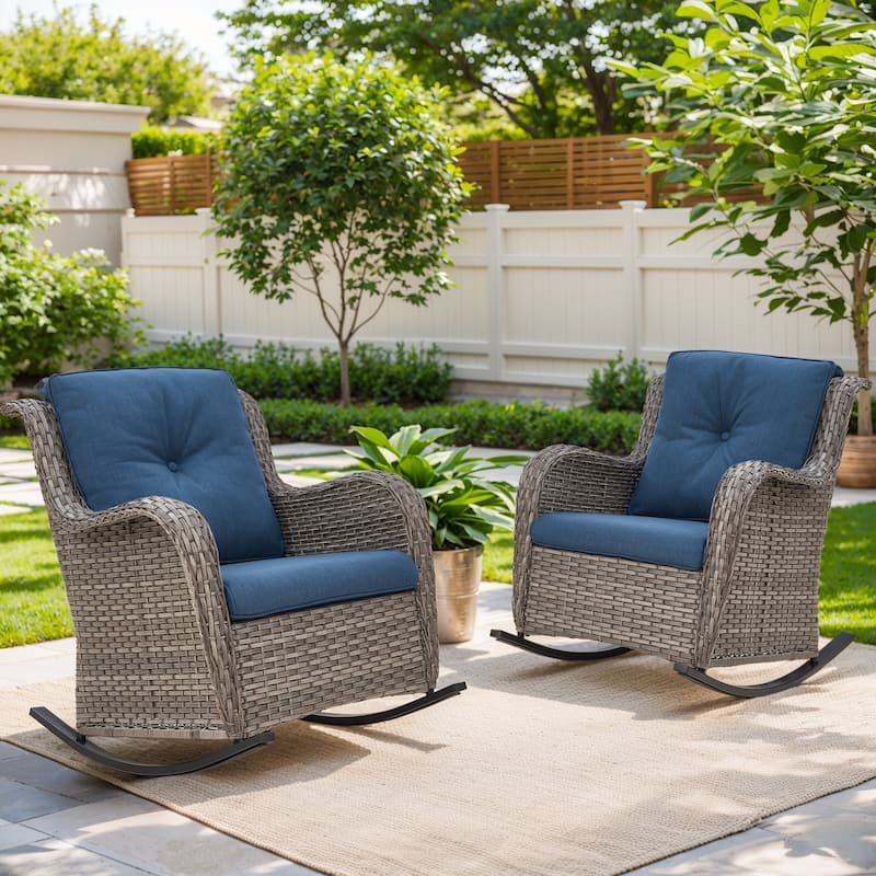 Patio Rocking Chair with Comfortable Cushions - Grey - Blue