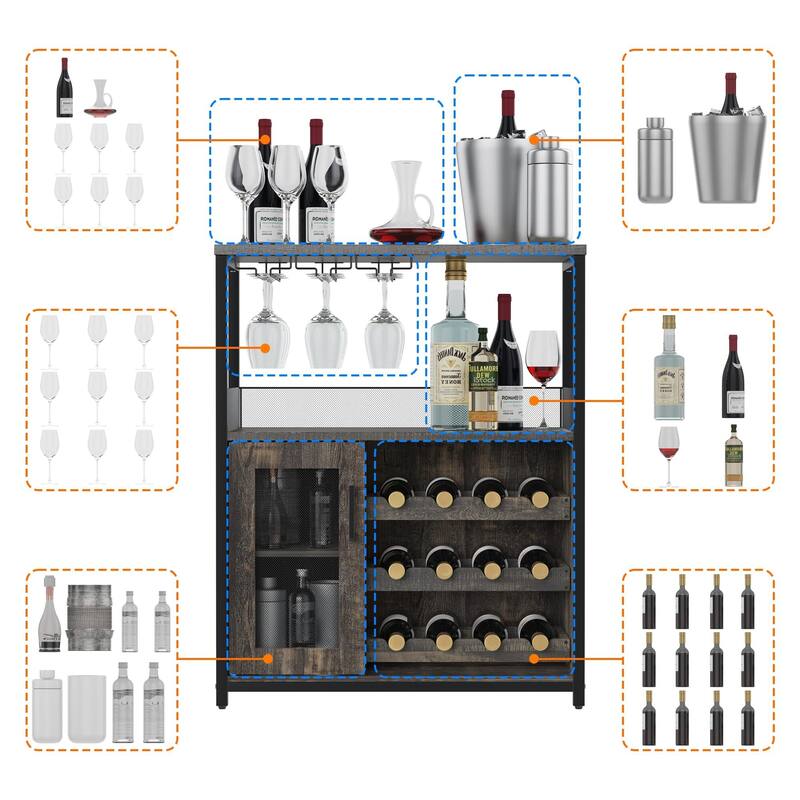 3-Tier Wine Bar Cabinet with Storage, Wine Rack & Glass Holder, Small Liquor Cabinet for Home, Black Corner Storage with Shelves