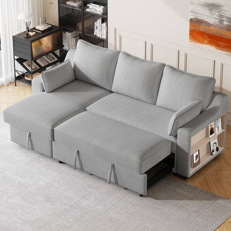 60" Sleeper Sofa with Storage Chaise,L Shape Couch Convertible Sofa with Storage Racks and USB Ports - LIGHT GREY