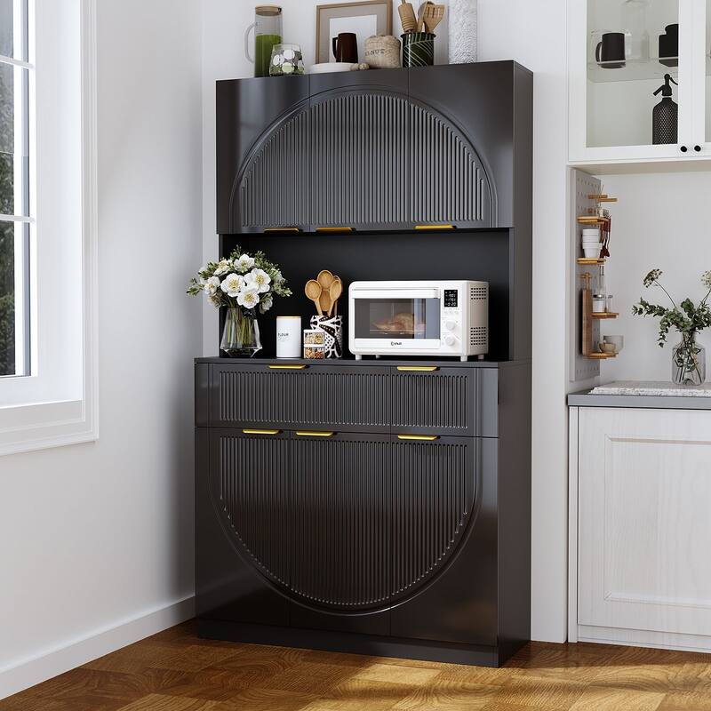 Fluted Kitchen Pantry Storage Cabinet with Microwave Stand, Outlets, Ample Space for Small Kitchens, Apartments & Home Offices