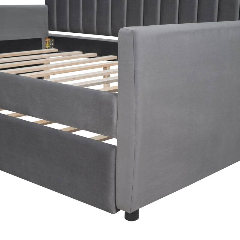 Elegant Velvet Upholstered Daybed, Full Size with Trundle, Sturdy Wood Slat Frame, Easy Assembly