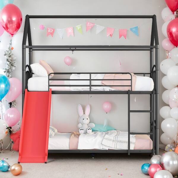 slide 2 of 12, Kid-Friendly Design Twin Over Twin Bunk Bed Black+Red