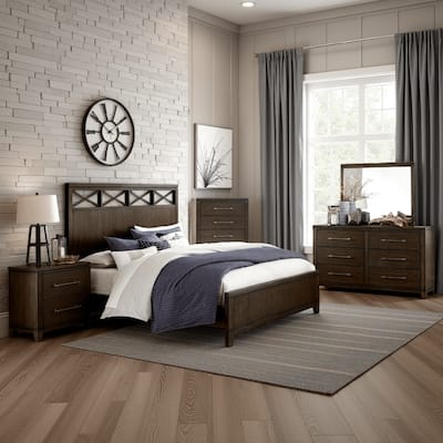 Gia Four Pc Queen Bedroom Set, X Accents on Headboard, Dark Brown Wood, Modern Style