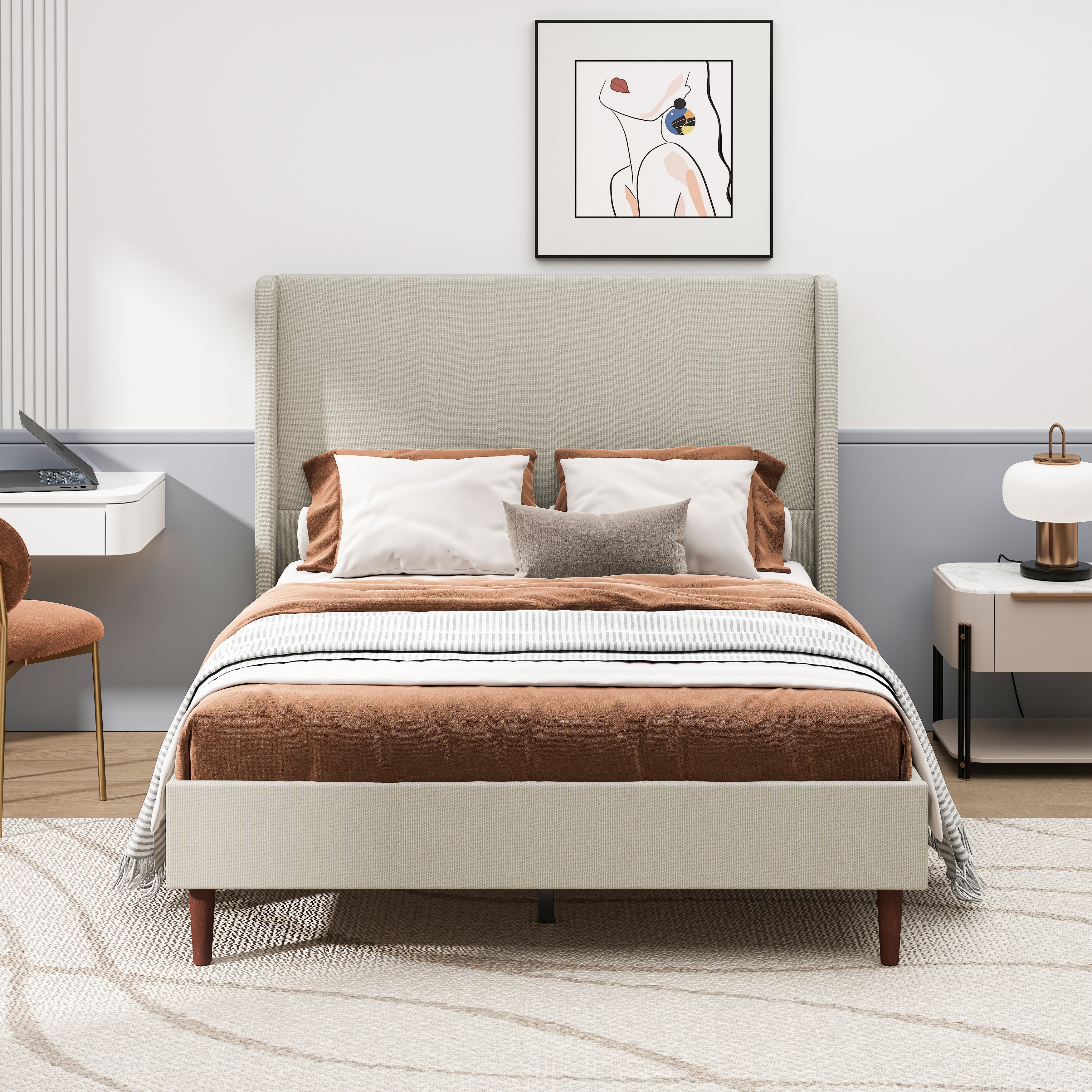 Queen King Linen Upholstered Platform Bed No Box Spring Needed