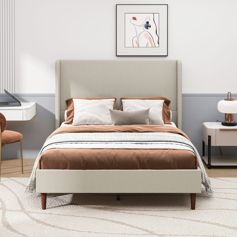 Wingback Upholstered Bed Platform Bed with High Headboard, Solid Wood Legs and Wooden Slats - Available Chenille or Linen - Beige Linen - Queen