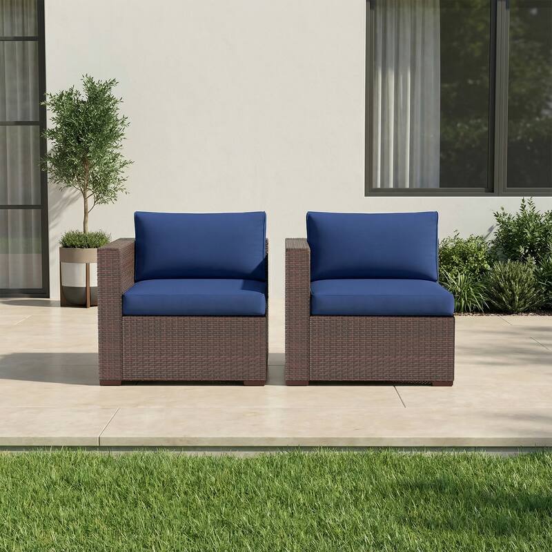 2-piece Outdoor Wicker Sectional Sofa Loveseat Set - Brown and Blue