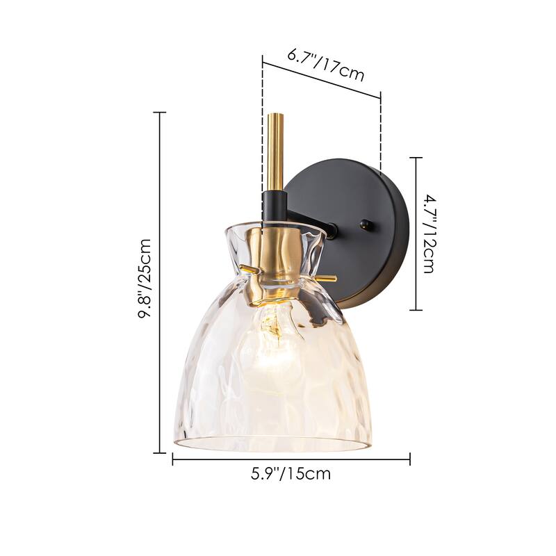 1-Light/3-Light Matte Black and Antique Brass Bathroom Vanity Light with Water-Rippled Glass Shade