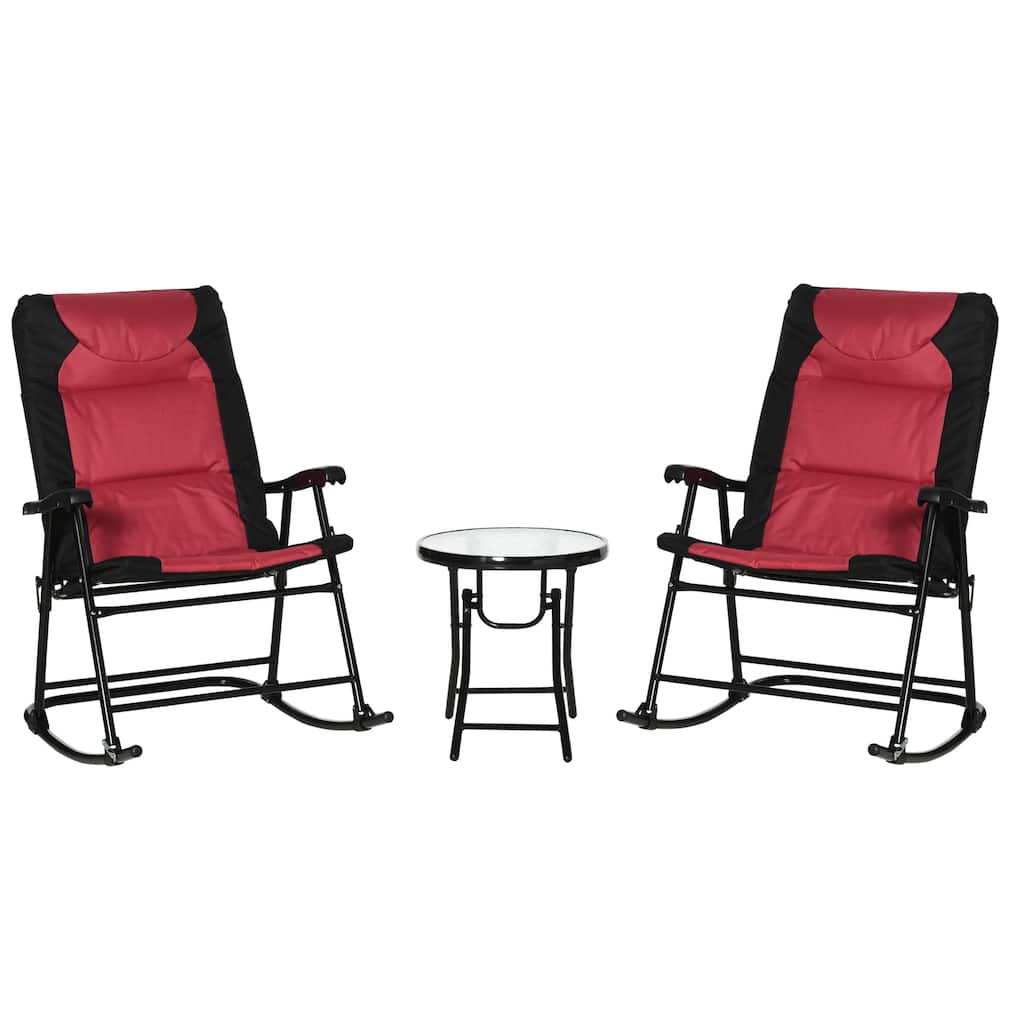 3 Piece Outdoor Patio Furniture Set with Glass Coffee Table & 2 Folding Padded Rocking Chairs, Bistro Style