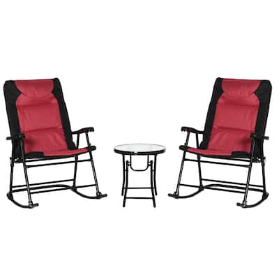3 Piece Outdoor Patio Furniture Set with Glass Coffee Table & 2 Folding Padded Rocking Chairs for Porch, Camping, Balcony