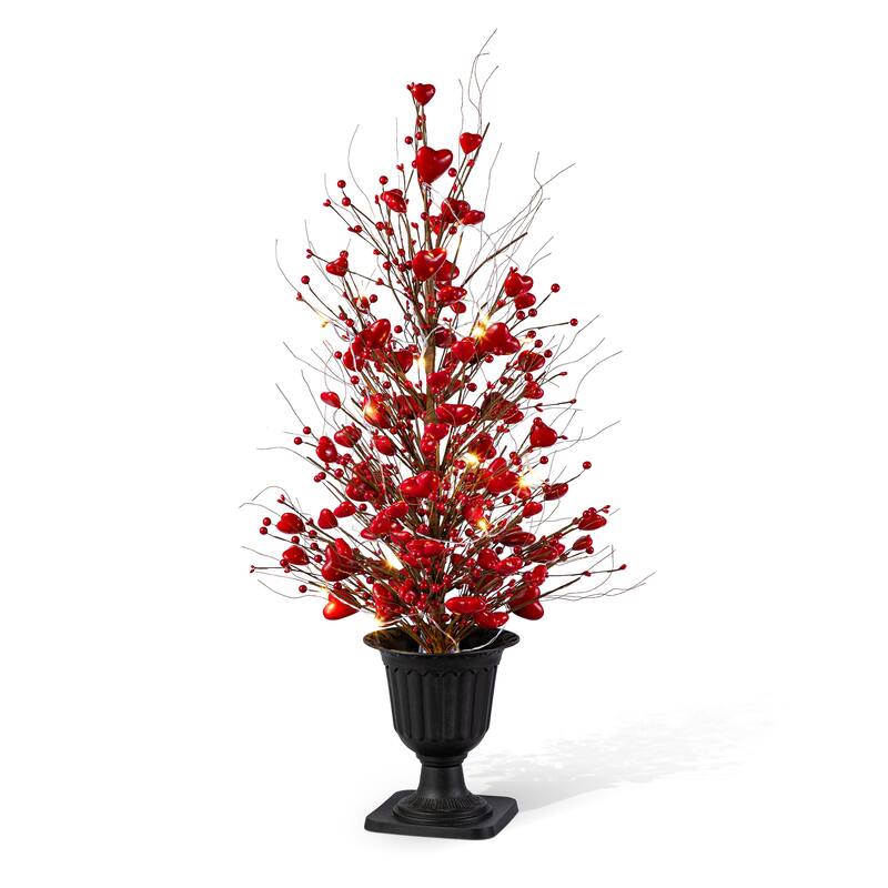 Glitzhome 36"H Valentine's Lighted Berry Heart Urn Porch Tree w/Timer