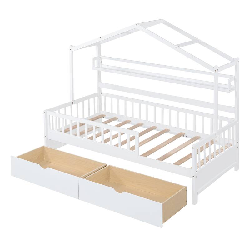 Wood House Bed with 2 Drawers, Kids Bed with Storage Shelf