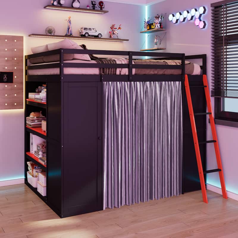 Full Size Wood Loft Bed with Wardrobe, Shelves, Blackout Curtains and RGB Lighting