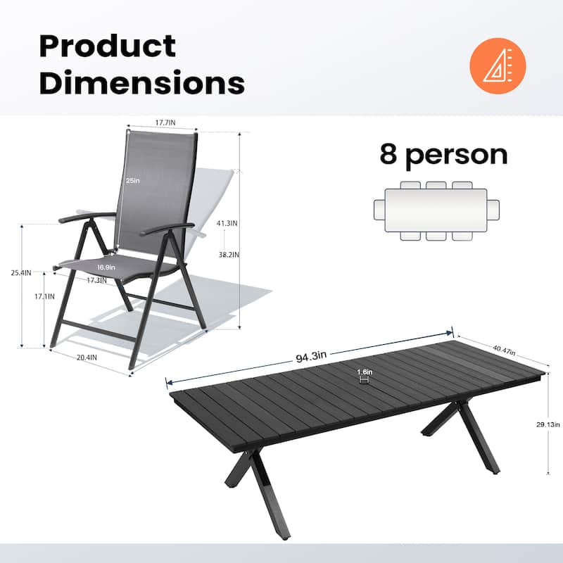 Aluminum Rectangular Outdoor Patio Dining Table with Durable Adjustable Reclining Folding Chair