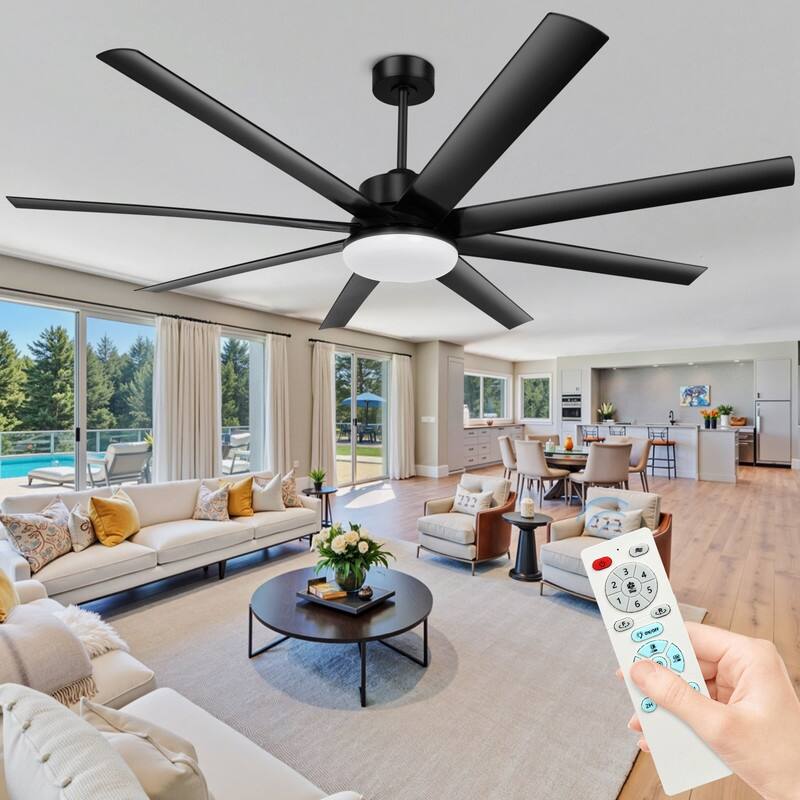 72 in. Matte Black Indoor/Outdoor Large Ceiling Fans with Light Kit and Remote Control, 6-Reversible Blades and 6 Speeds