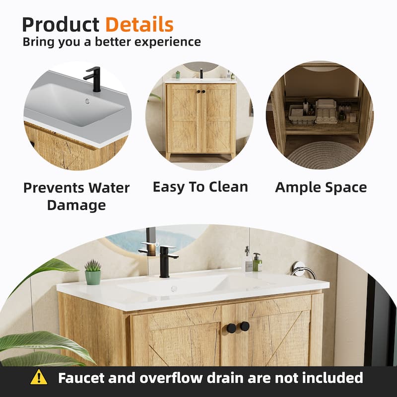 30 Inch Folding Bathroom Floor Cabinet with Ceramic Sink, 1-Minute Tool-Free Install, Space-Saving Freestanding Vanity