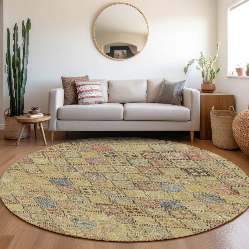 Machine Washable Indoor/ Outdoor Boho Modern Chantille Rug - Gold - 8' x 8'