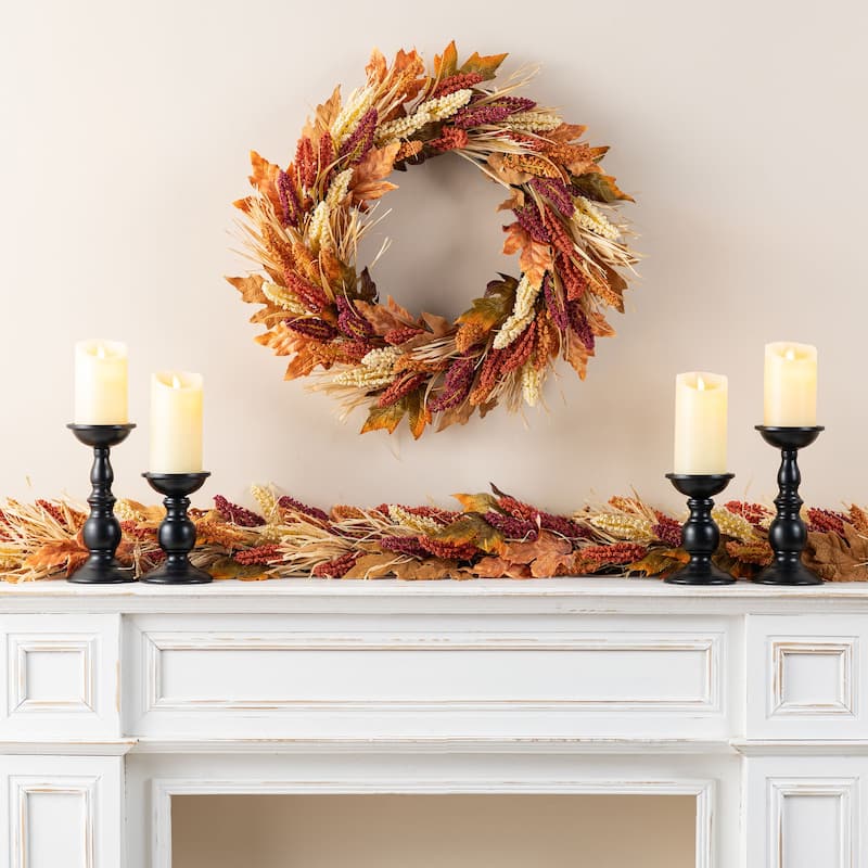 Glitzhome Fall Multi-Colored Sorghum Garland Wreath Swag with Black Metal Wreath Hanger