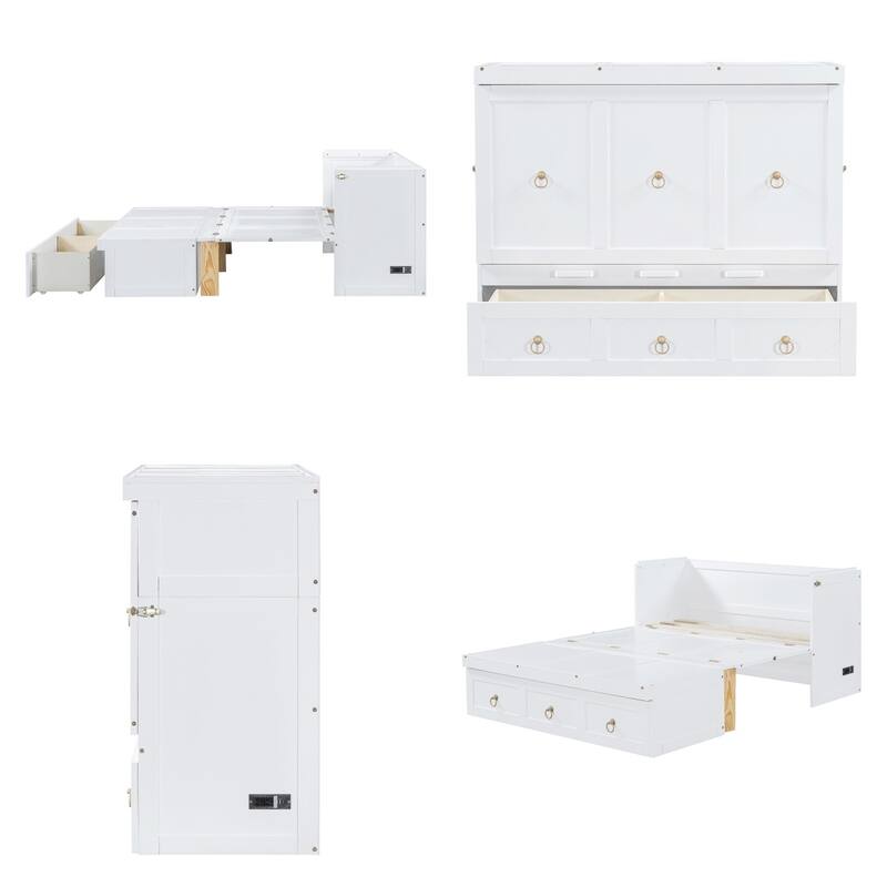 Full Size Wood Murphy Bed with USB Port Module and Drawer