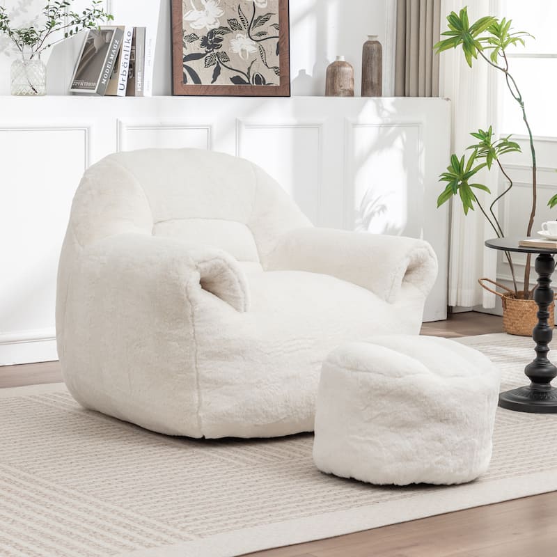 Comfy Bean Bag Sofa With Back Support, With Footstool,Faux Fur Bean Bag Chair For Adults And Kids - White