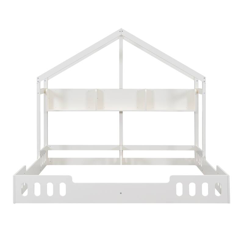 Twin Size House-Shaped Platform Beds with Shelves and Guardrails, Cream White