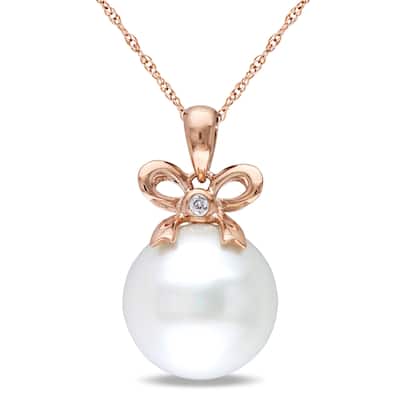 Miadora 12-12.5mm Cultured Freshwater Pearl and Diamond Bow Drop 10k Rose Gold