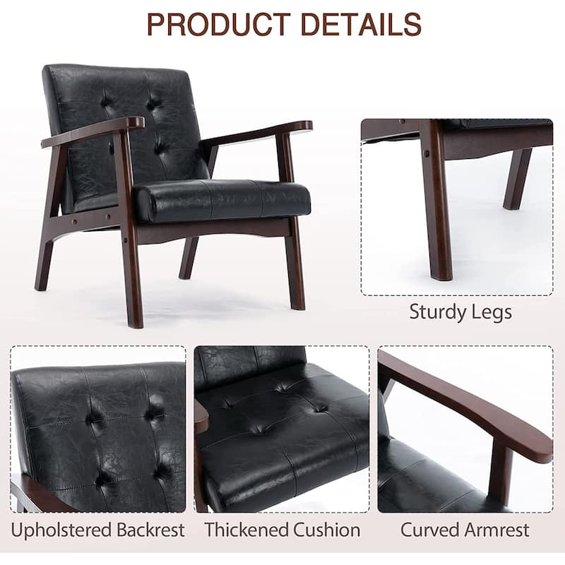 Ebello Mid-Century Modern Upholstered Leather Accent Chair with Solid Wood Frame