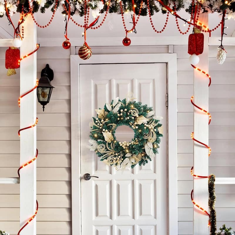 18 inch Pre-Lighted Christmas Wreath with Golden Leaves - N/A