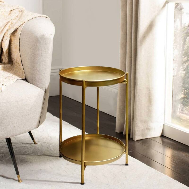 20 Inch High Round Side End Table with 2 Tier Iron Frame, Matte Gold - 15L x 15W x 20H