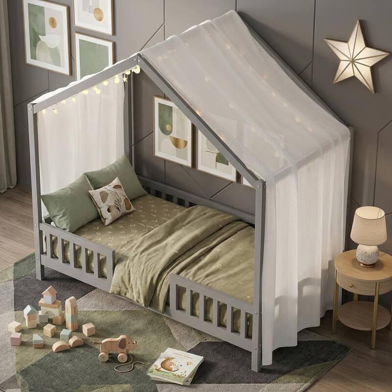 Whimsical Montessori-Inspired Floor Bed with Canopy & Full Safety Rails by Harper&Bright Designs