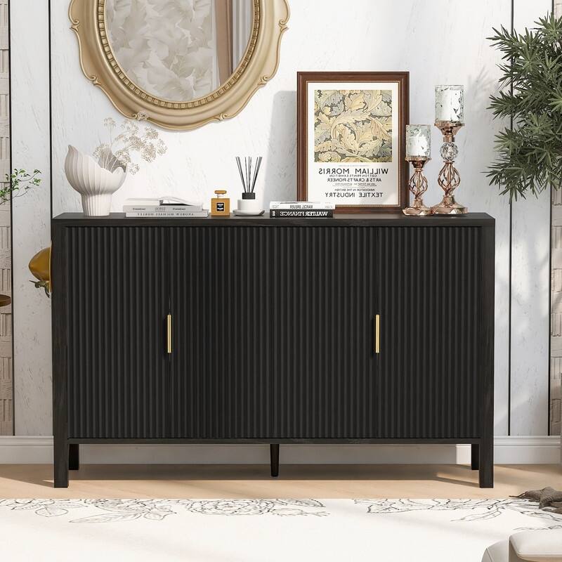 Modern 57.5" Fluted Door 4-Door Sideboard with Side Hooks and Adjustable Shelves - Black