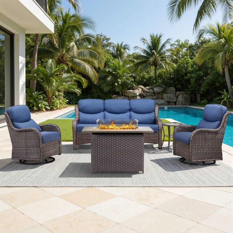 Meyreso 5-Piece Outdoor Patio Wicker Fire Pit Conversation Set with 5-Inch Thick Olefin Cushions