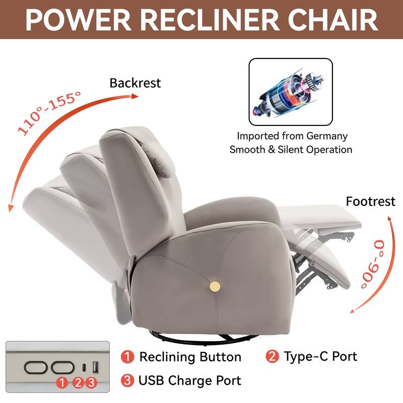 Electric Power Glider Recliner with 270° Swivel, Rocking Motion, Ergonomic Lumbar & Neck Support, Dual USB/Type-C Ports