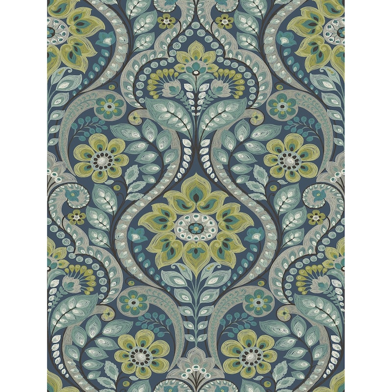 Guadalupe, Night Bloom Damask, 33 FT. L x 20.5In. W Wallpaper Roll