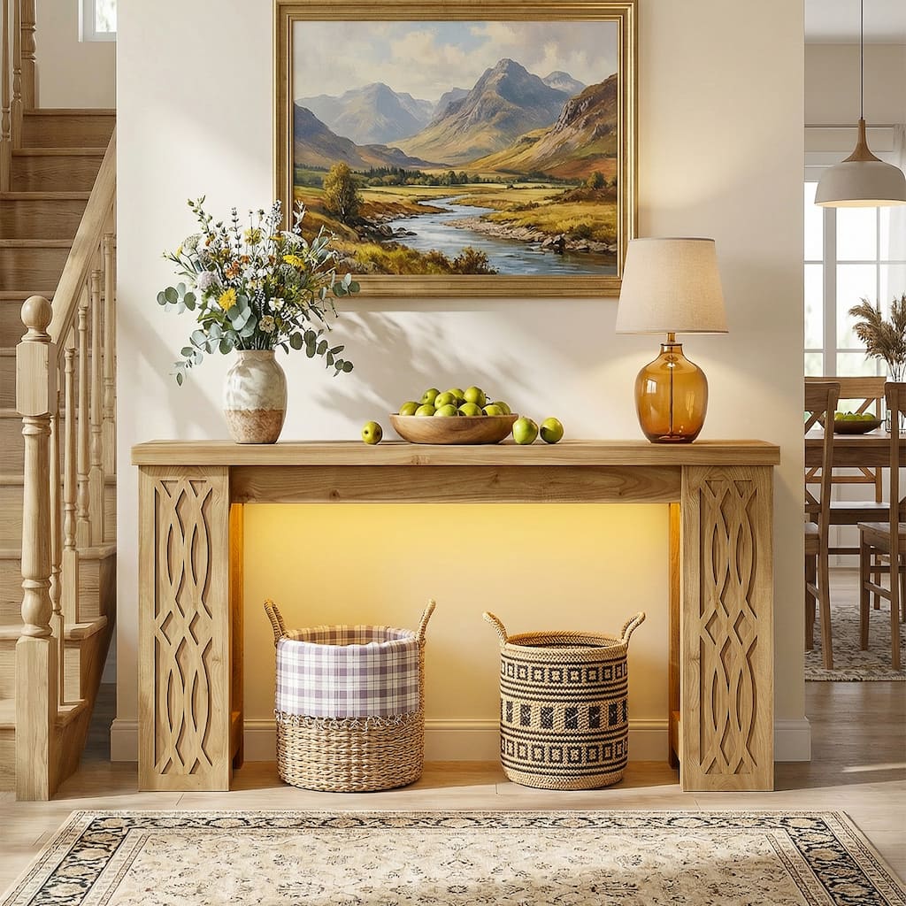 47" Farmhouse Console Table with RGB LED Light ＆ Power Outlets, Unique Carved Design Farmhouse Entryway Table Sofa Table