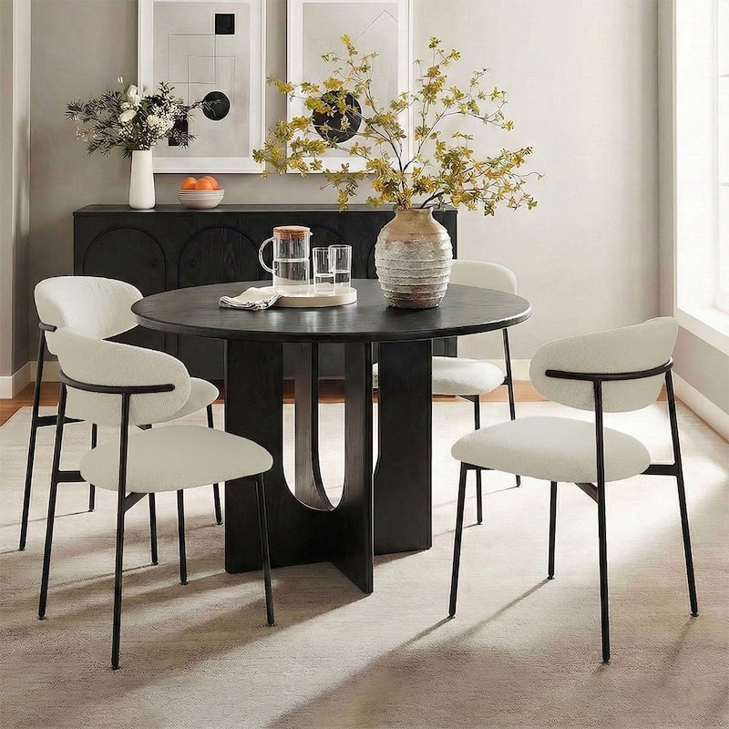 Modern Upholstered Dining Chairs with Curved Open Back and Black Metal Legs (Set of 4) - Beige