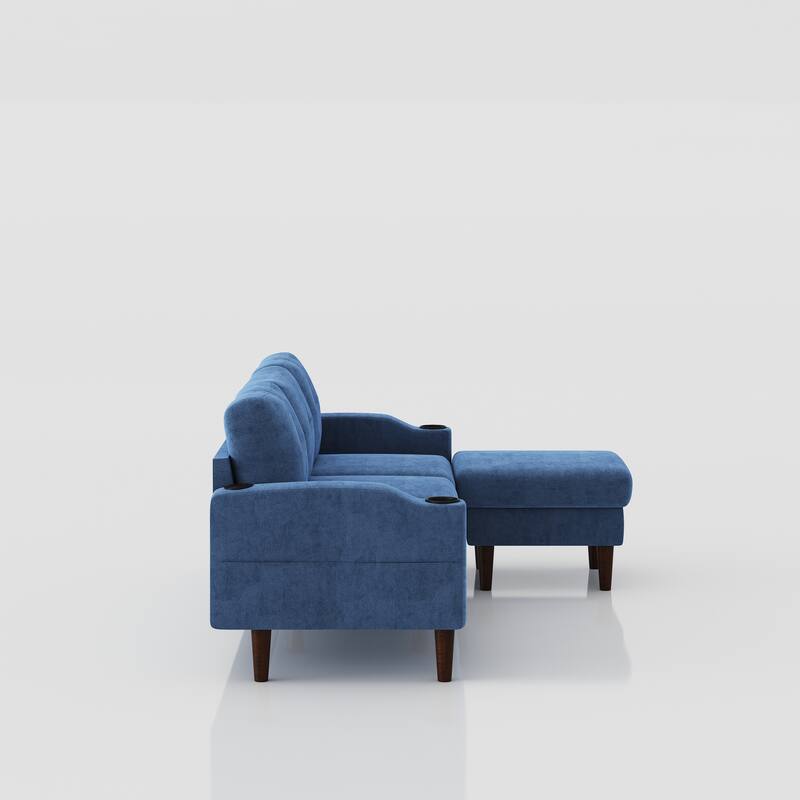 Blue 78.74" L-Shaped Fabric 3-Seater Sofa with Storage Ottoman, USB Port, Cup Holder, and Modern Design