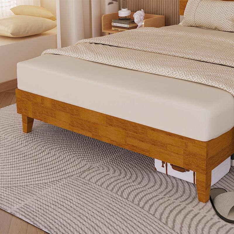 Modern Brown Solid Wood Platform Bed Frame with Headboard