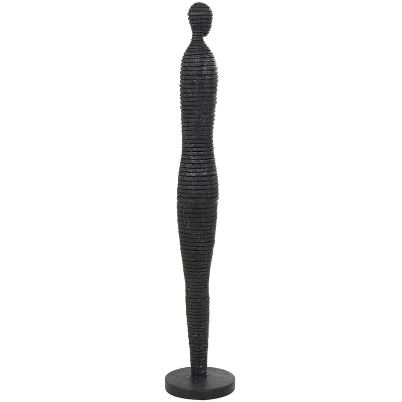 Black Polyresin Tall Slim Figure People Decorative Sculpture with Ribbed Body and Glitter Accents