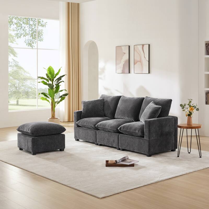 84" Modular Sofa Set with Ottoman & 2 Pillows, Free Combination 4 Seats L-Shape Chenille Sectional Sofa for Livingroom Apartment