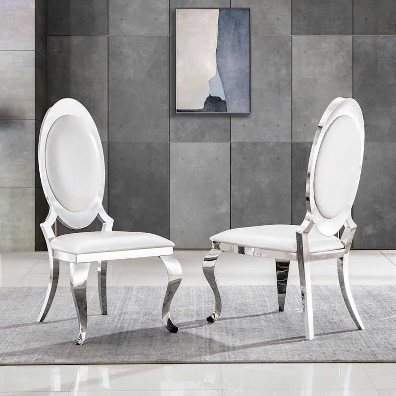 Luxury White PU Leather Dining Chairs with Mirrored Silver Cabriole Legs - Short - White - Set of 2