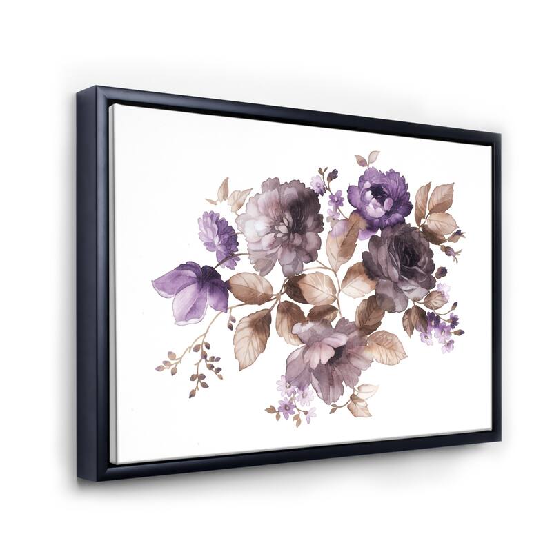 Designart "Purple Retro Flowers With Brown Leaves" Traditional Framed Canvas Wall Art Print - 40 In. Wide x 30 In. High - Black