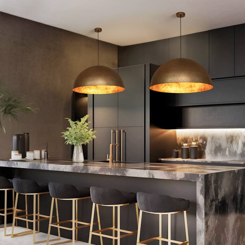 3-Light 31" Industrial Dome Brass&Gold Foil Pendant Light Large Kitchen Island Lighting - 31.49 in. W × 16.53 in. H