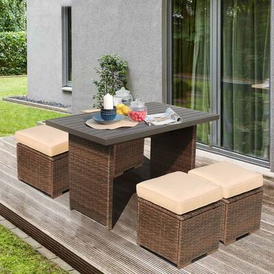 5 Piece Outdoor Set Ottoman and Aluminum Table