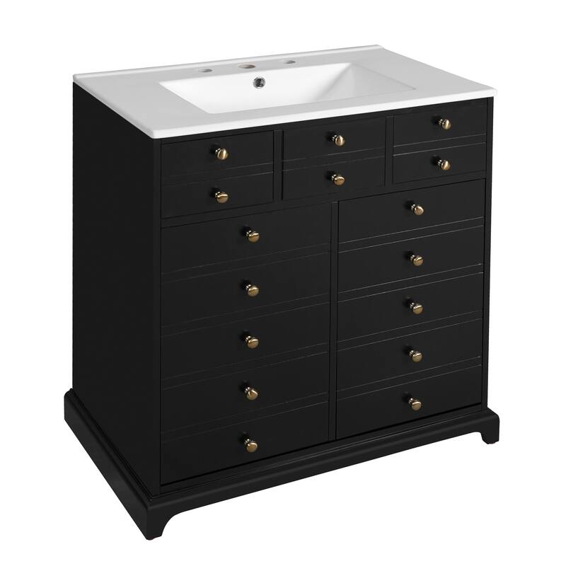 GDFStudio - Marwick Modern Freestanding Bathroom Vanity Set with Ceramic Sink and 2 Storage Drawers & Soft Closing Doors