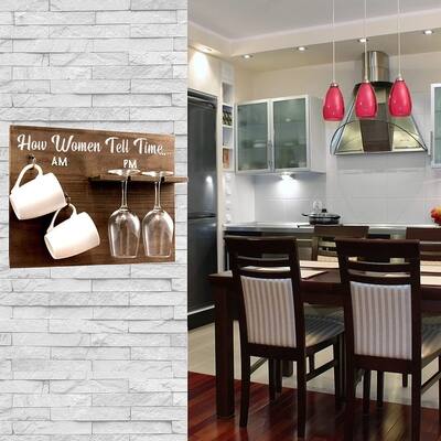 "How Woman Tell Time" Wall Mounted Wine Rack - Unique Funny Gift for Her - 2 Wine Glasses and 2 Coffee mugs Included